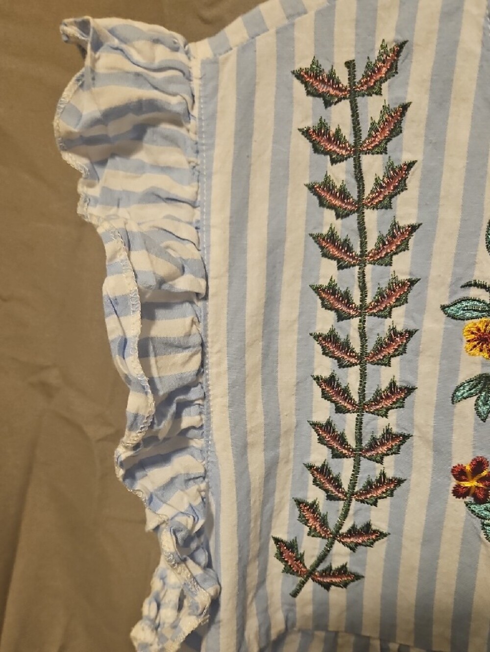 Light Blue Striped Embroidered Flutter Sleeve Top - Picture 3 of 6